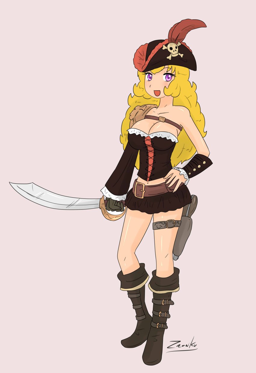 1girls blonde_female blonde_hair long_hair long_hair_female pirate pirate_girl pirate_hat pirate_outfit purple_eyes rwby showing_cleavage sword yang_xiao_long zronku