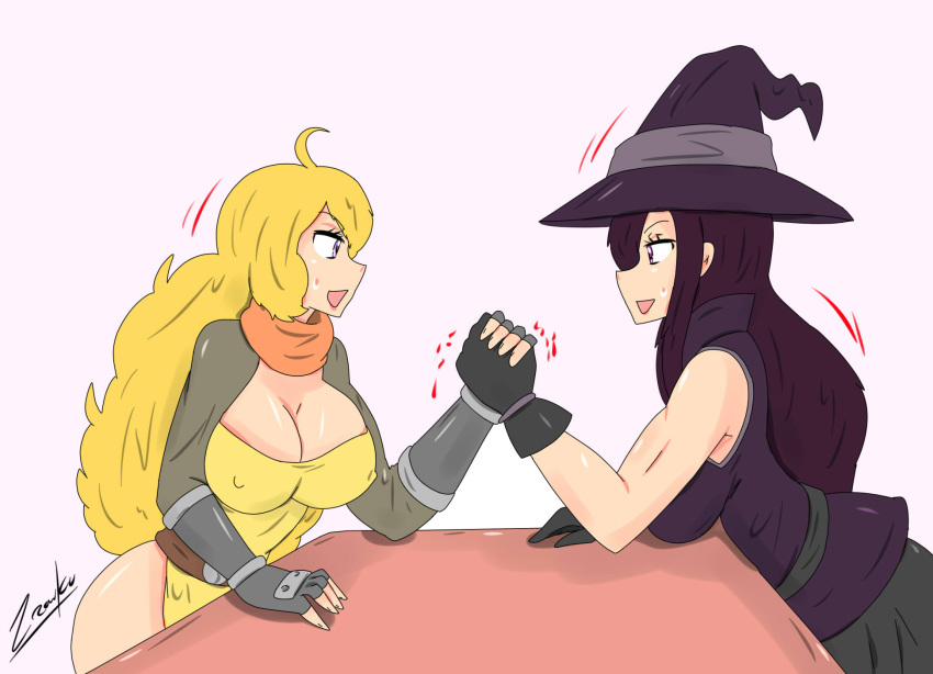 2girls arm_wrestling blonde_female blonde_hair crossover enen_no_shouboutai fire_force multiple_girls nipples_visible_through_clothing oze_maki purple_eyes rwby witch_hat yang_xiao_long zronku