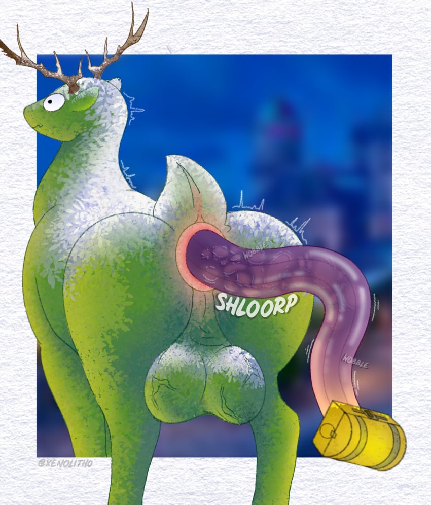 antlers anus ass balls bodily_fluids deer digital_media_(artwork) dildo elemental_creature epic_games feral flora_fauna fortnite fur genital_fluids genitals hi_res horn long_dildo male mammal motion_lines penetration penis plant presenting puffy_anus sex_toy simple_background solo struggling surprise tail text xenolith0