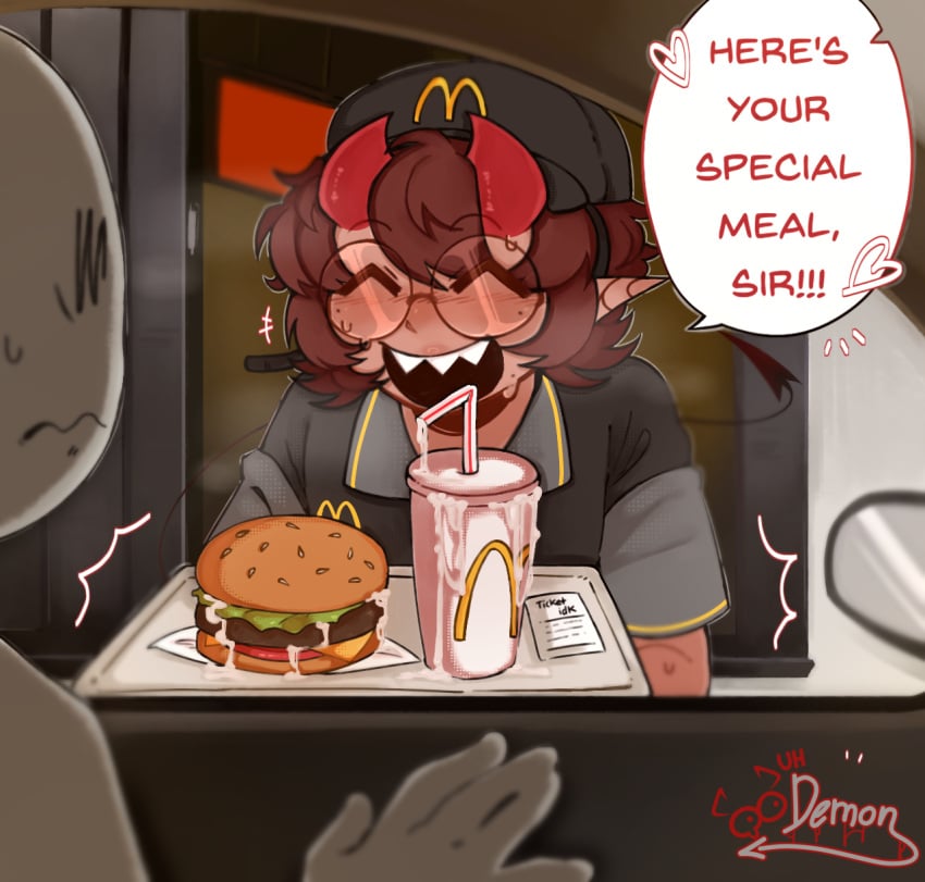 breath brown_hair burger cum cum_drip cum_in_food demon demon_(uh_demon) demon_boy demon_horns drink drive_thru driving fangs femboy food food_fetish food_play glasses happy heavy_breathing horn horns male mcdonald's meal red_horns sharp_teeth smile sweat sweating tan_body tan_skin twitter_user_oc uh_demon uniform window work working