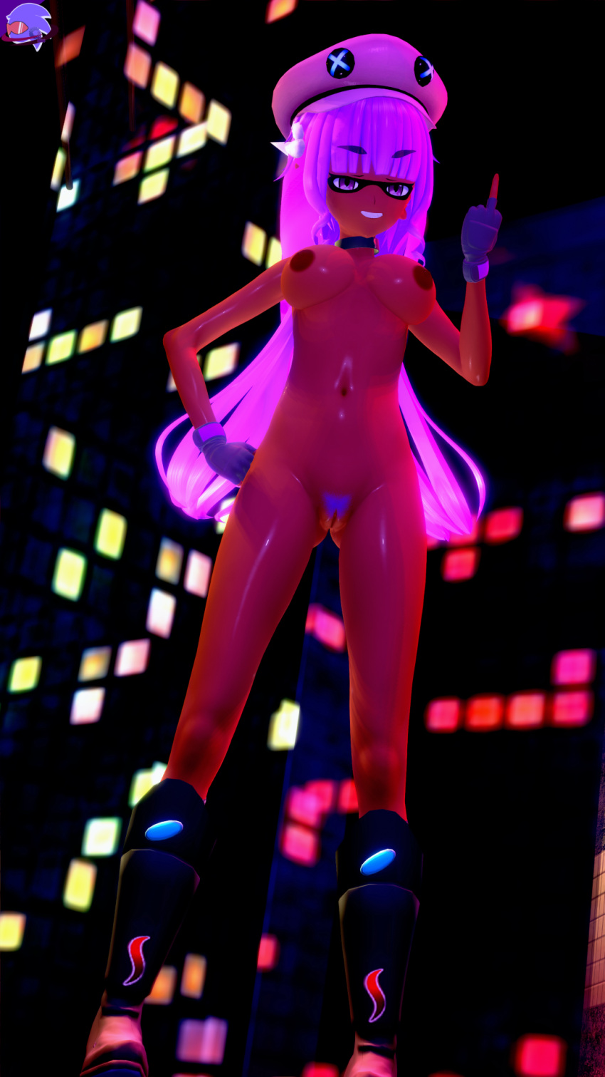 2022 3d 3d_(artwork) breasts butt_from_the_front city_background cosmixlewds dark_skin female female_only gloves hi_res humanoid koikatsu looking_at_viewer looking_down middle_finger night nude nude_female original_character pubic_hair purple_hair pussy shoes solo splatoon splatoon_(series) yellow_eyes