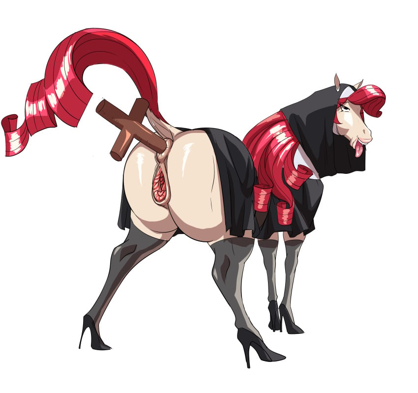 absurd_res buttplug clothing cross equid equine female feral hi_res high_heels horse legwear mammal nikuyoku nun nun_outfit stockings thigh_highs