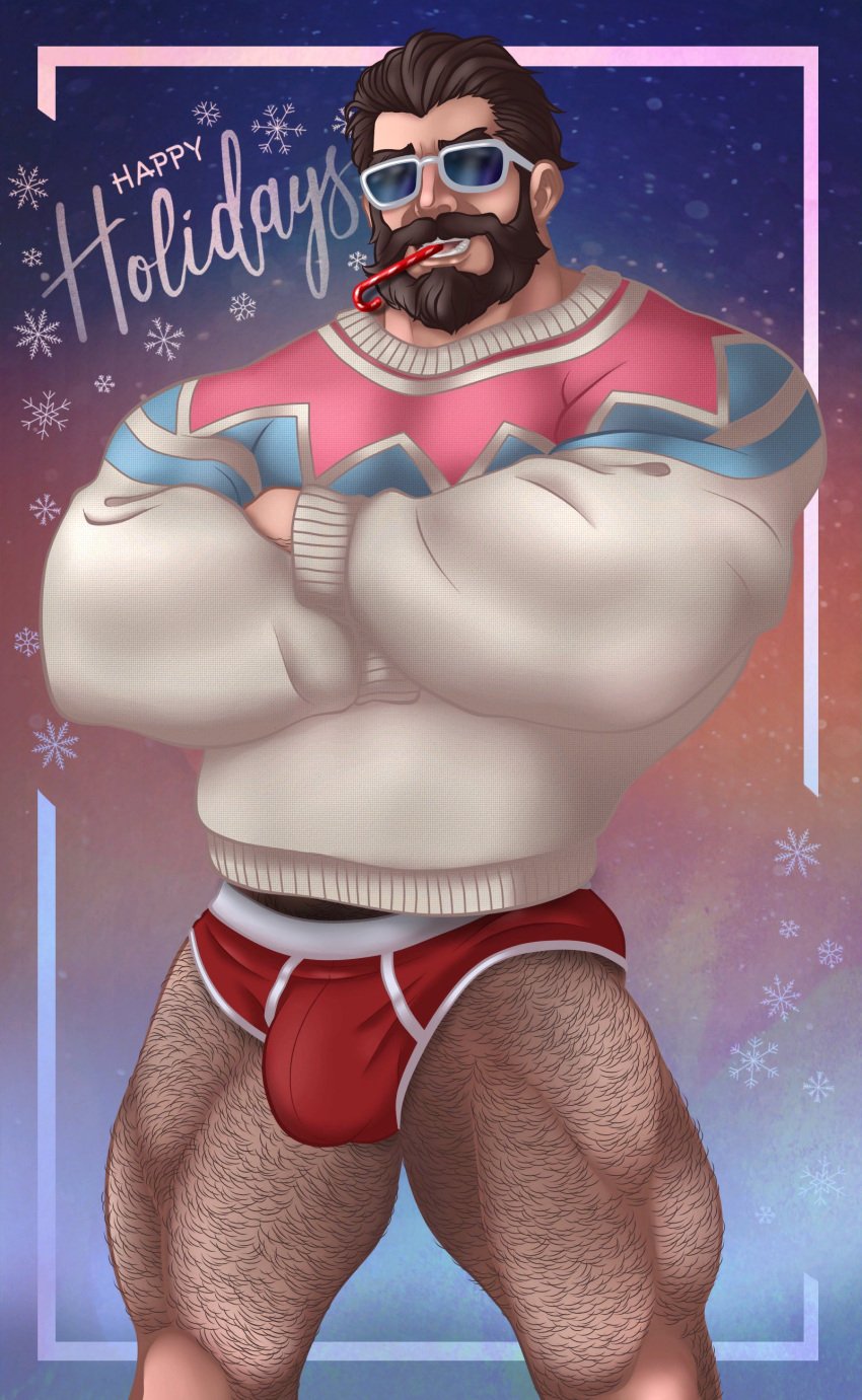 1boy bara barazoku beard big_bulge body_hair briefs bulge christmas clothing effenrund facial_hair gay hairy hairy_male holidays huge_bulge league_of_legends leg_hair malcolm_graves male male_focus male_only manly muscular_male penis_outline riot_games solo solo_male underwear yaoi