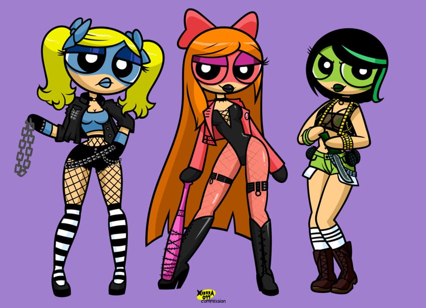 3girls aged_up artstyle_imitation baseball_bat bat biker_girl black_hair blonde_hair blossom_(powerpuff_girls) blue_eyes blue_eyeshadow boots bubbles_(powerpuff_girls) buttercup_(powerpuff_girls) cartoon_network chain chains choker clothed clothed_female eyeshadow female female_focus female_only goth goth_girl green_eyes green_highlights hair_bow hair_bows hair_ribbon jacket knife leather leather_clothing leather_jacket light-skinned_female long_hair looking_at_viewer multiple_girls orange_hair pink_eyes pink_eyeshadow powerpuff_girls punk punk_girl short_hair short_shorts sisters stockings twintails very_long_hair xierra099