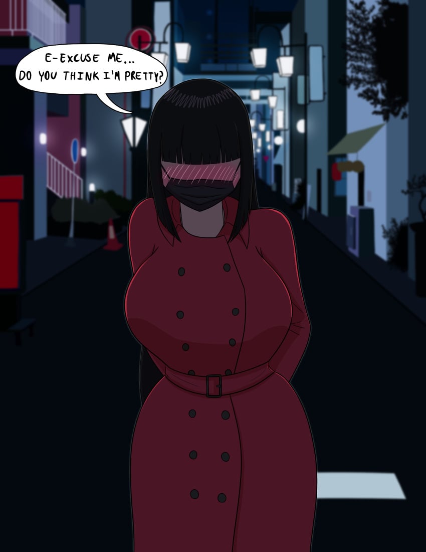 1girls big_breasts black_hair blush blush_lines comic_page dialogue face_mask folklore ghost japanese_mythology kuchisake-onna long_hair monster monster_girl mythology nightmare_waifu noxshade public_domain red_jacket tagme text urban_legend