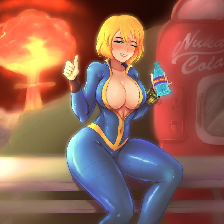 bethesda bethesda_softworks big_breasts big_butt blonde_hair blue_eyes cleavage fallout fallout_3 fallout_4 fallout_76 fallout_new_vegas female female_only fully_clothed games newvegas nonoise666 nuclear_explosion nuka-cola nuka-cola_quantum nuke pip-boy roleplay rpg shiny_clothes soda tight_clothing vault_girl vault_suit video_games