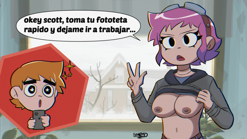 1boy 1girls black_eyes breasts female goggles goggles_on_head holding_object hoodie_lift male orange_hair partially_clothed peace_sign phone pink_hair presenting_breasts purple_hair ramona_flowers samrmd scott_pilgrim scott_w_pilgrim short_hair spanish_text star-shaped_pupils