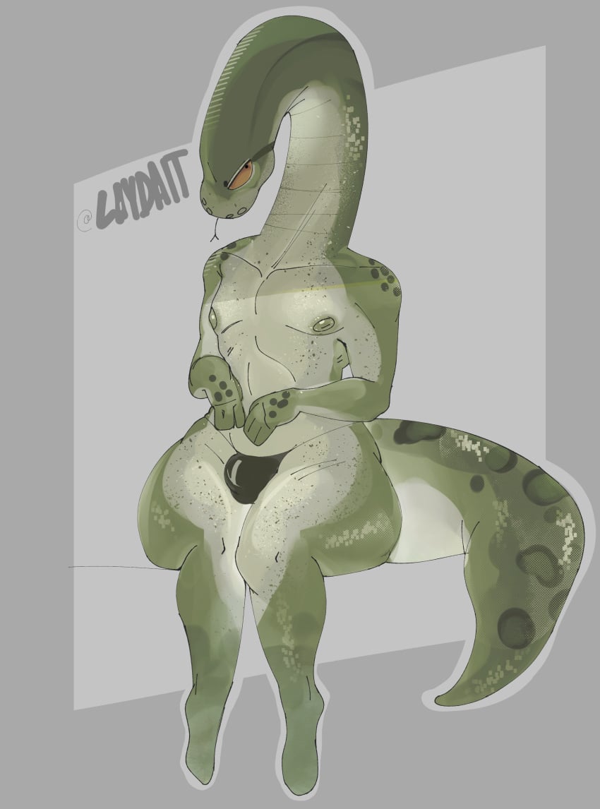 absurd_res animal_humanoid ass big_butt bulge clothing girly green_body green_scales hi_res humanoid laydai male nipples orange_eyes reptile reptile_humanoid scales scalie scalie_humanoid snake snake_humanoid solo tail thick_thighs thong underwear wide_hips