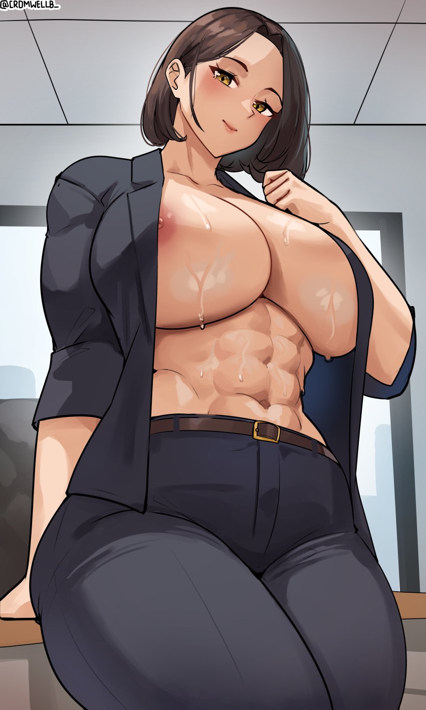 1girls abs absurd_res big_breasts breasts brown_hair cromwellb female hi_res huge_breasts light-skinned_female light_skin mature_female milf naughty_face office_lady original original_character short_hair smile thick_thighs