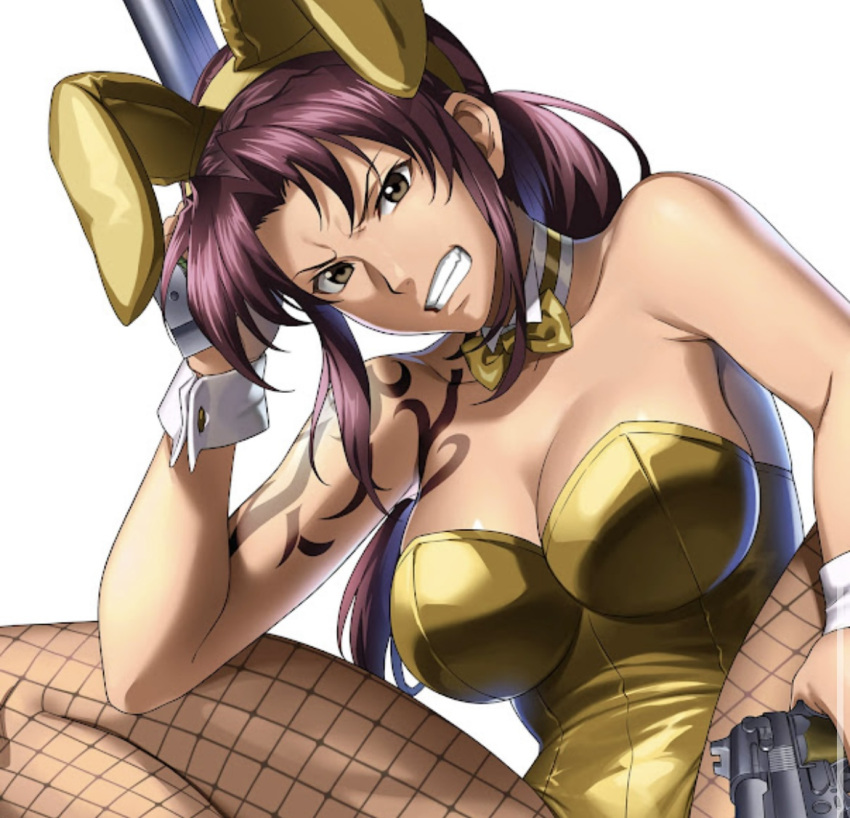 angry angry_face animal_ears big_breasts black_lagoon bowtie breasts bunny_ears bunny_girl bunnysuit dual_pistols female fishnets gold_bunnysuit gun guns huge_breasts long_hair pistol purple_hair revy tattoo weapon weapons