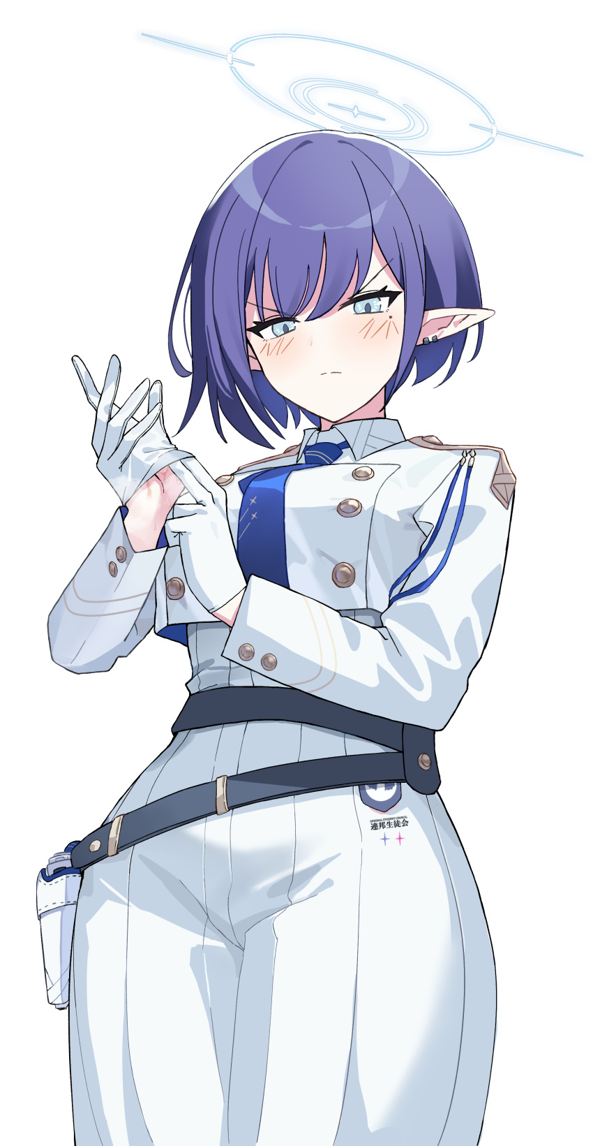 1girl 1girls absurdres angry_expression angrygentle aoi_(blue_archive) blue_archive blue_eyes blue_hair blue_necktie blush_lines general_student_council_(blue_archive) general_student_council_logo_(blue_archive) gloves halo highres looking_at_viewer looking_down mole_under_eye pointed_ears pointy_ears white_dress white_gloves white_shirt