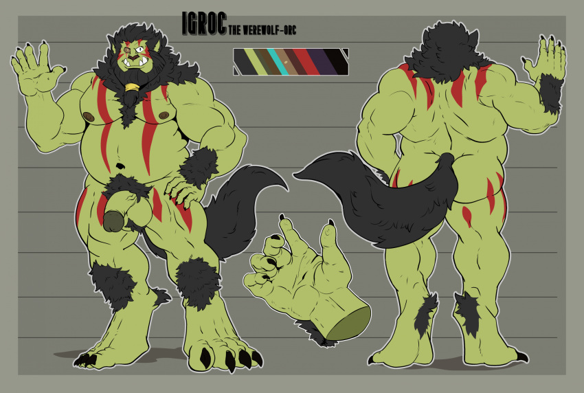 6pklion ass balls beard belly black_body black_fur black_tail canid canine chubby_male facial_hair fur genitals green_body green_skin hair hi_res humanoid igroc_(secretkaal) looking_at_viewer male male_only mammal markings model_sheet musclegut muscular nipples nude orc orc_male pecs penis smile solo tail tattoo tusks were werecanid werecanine werewolf