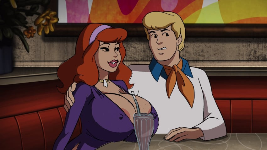 1boy 2d accurate_art_style big_breasts busty cleavage daphne_blake edit female fred_jones huge_breasts necklace scooby-doo screenshot_edit woot