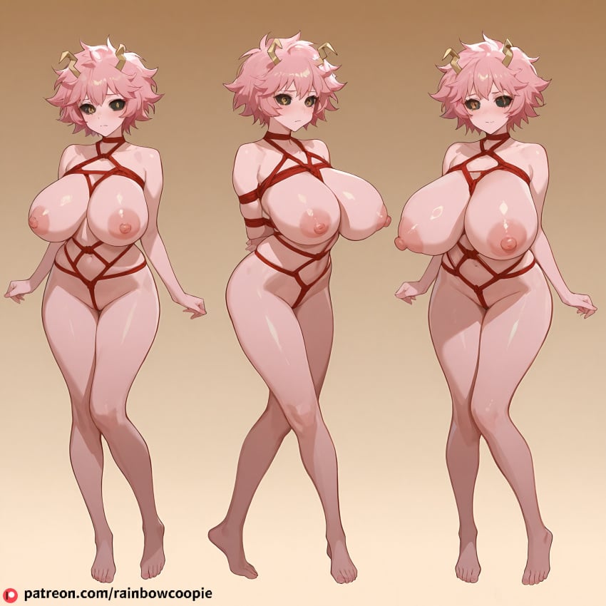 ai_generated black_sclera blush bondage breast_expansion breasts feet feet_apart horns huge_breasts huge_nipples knees_together looking_at_viewer mina_ashido my_hero_academia nipples nude pink_body pink_hair red_rope rope_bondage shibari toes yellow_eyes