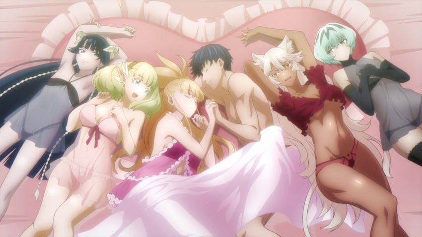 1boy 5girls almost_naked almost_nude babydoll big_breasts blonde_hair breasts brown_eyes brown_skin cat_ears cat_tail catgirl elf granat_needakitta green_eyes green_hair holding_hands horns interlocked_fingers kekkon_yubiwa_monogatari krystal_novaty_nokanatika lingerie long_ears long_hair negligee nephrites_lomka panties pointy_ears saphir_maasa short_hair sleeping small_breasts voluptuous voluptuous_female white_hair white_skin