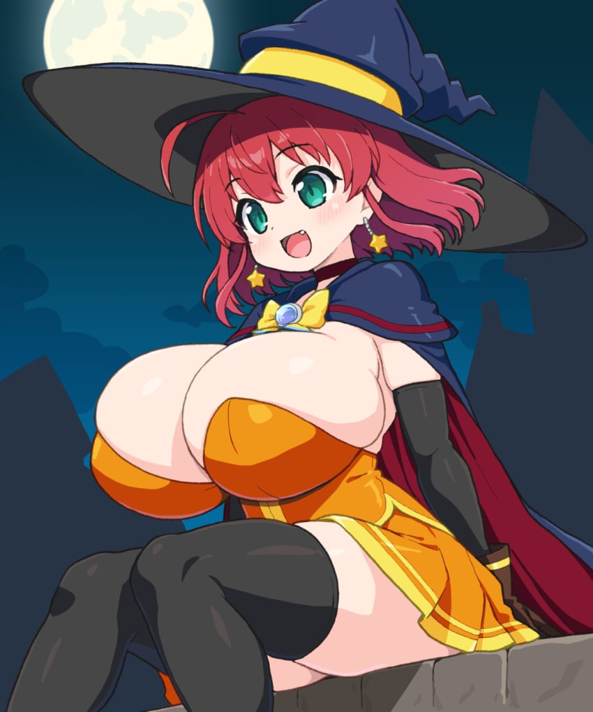 :d alice_wishheart black_cape black_hat black_thighhighs breasts cape cleavage earrings female full_moon green_eyes hat huge_breasts jewelry magical_halloween medium_hair moon night oerba_yun_fang orange_shirt orange_skirt red_hair shirogane_hakuba shirt sitting skirt smile solo star_(symbol) star_earrings strapless strapless_shirt thighhighs witch_hat