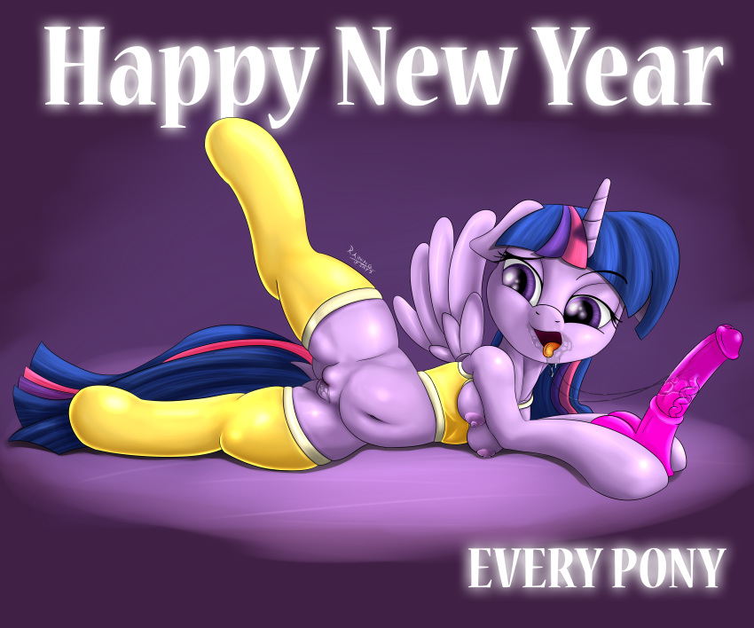 2016 alicorn areola breasts busty_feral clothing dildo dock english_text equine equine_dildo feathered_wings feathers female feral friendship_is_magic hair holidays horn legwear long_hair looking_at_viewer lying mammal multicolored_hair my_little_pony navel new_year nipples on_side open_mouth purple_eyes purple_feathers pussy pussy_juice rainingskys raised_leg saliva saliva_string semi-anthro sex_toy simple_background solo spread_legs spreading text thigh_highs tongue tongue_out twilight_sparkle_(mlp) wing_boner wings