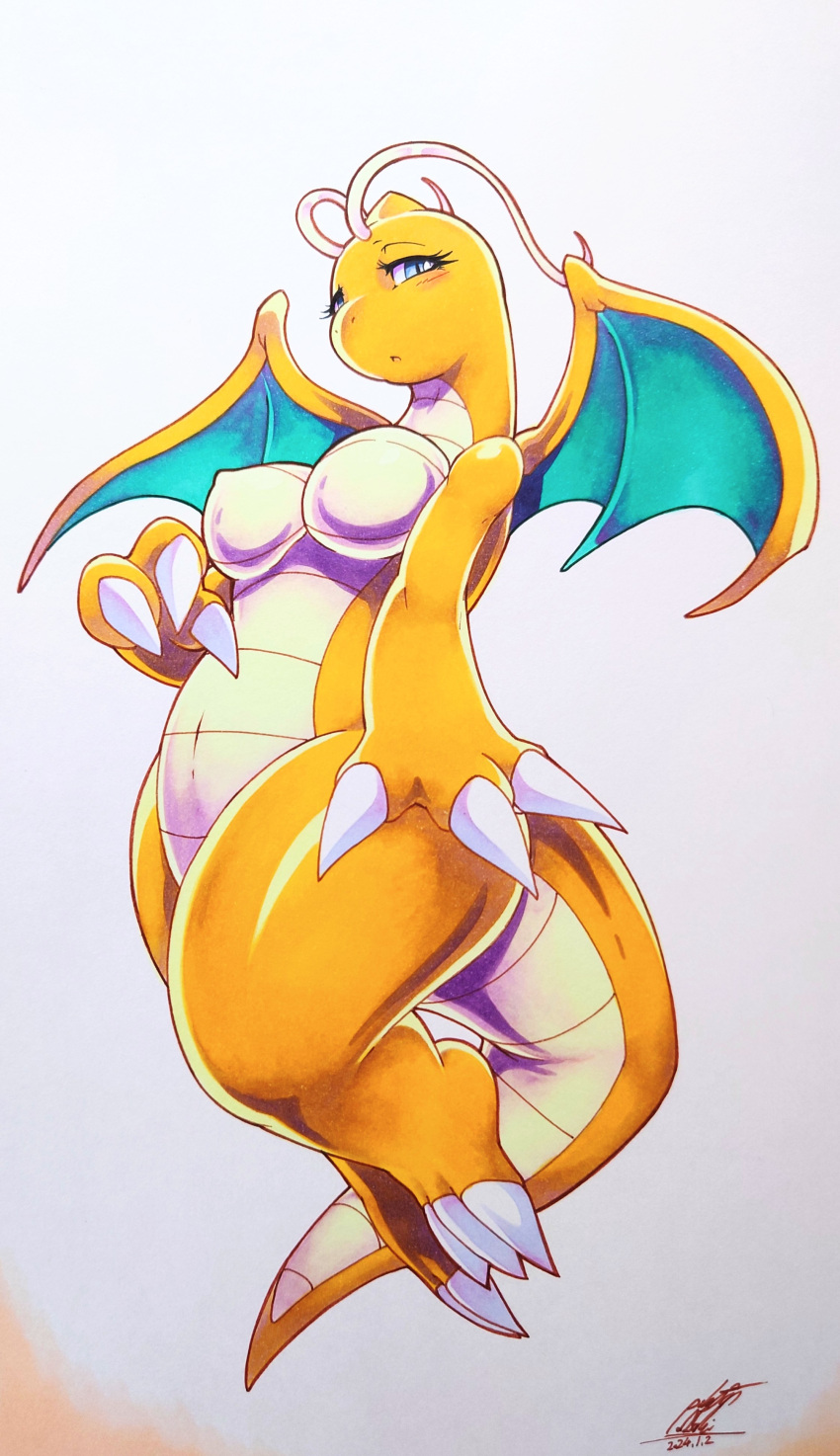 025aki 1girls 2024 abstract_background anthro big_breasts blue_hair blush blush_lines breasts claws dated dragon dragon_girl dragon_tail dragon_wings dragonite eyelashes featureless_breasts female female_only female_pokemon furry furry_only generation_1_pokemon half-closed_eyes huge_breasts looking_at_viewer membranous_wings navel open_mouth orange_body pointy_breasts pokémon_(species) pokemon pokemon_(species) pokemon_rgby signature tail wings