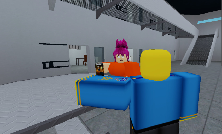 1boy 1girls 3d ass big_ass big_breasts bloxy_cola breasts female orange_jumpsuit penis pink_hair prison prison_cell prison_guard prison_uniform prisoner roblox robloxian self_upload sitting surprised tagme vagabondxd