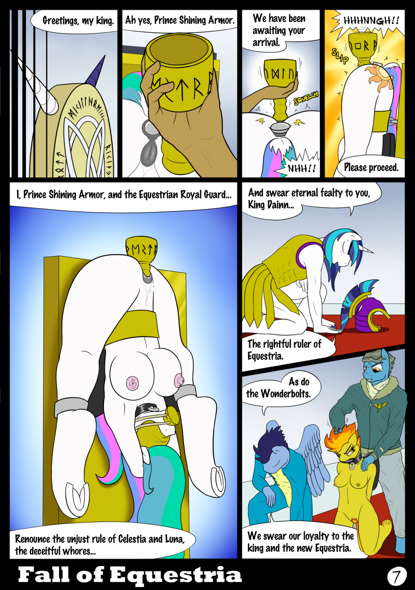 2017 alicorn anthro areola armor bit_gag blindfold bondage bound breasts broken_horn buttplug cervine closed_eyes collar comic dainn_(oc) dildo_gag equine fall_of_equestria fan_character female friendship_is_magic gag goblet helmet horn invalid_tag kneeling male mammal my_little_pony nipples nude pegasus penetration ponkpank princess_celestia_(mlp) pubes pussy reindeer sex_slave sex_toy shining_armor_(mlp) slave soarin_(mlp) sound_effects spitfire_(mlp) spread_legs spreading unicorn vaginal_penetration wind_rider_(mlp) wings wonderbolts_(mlp)