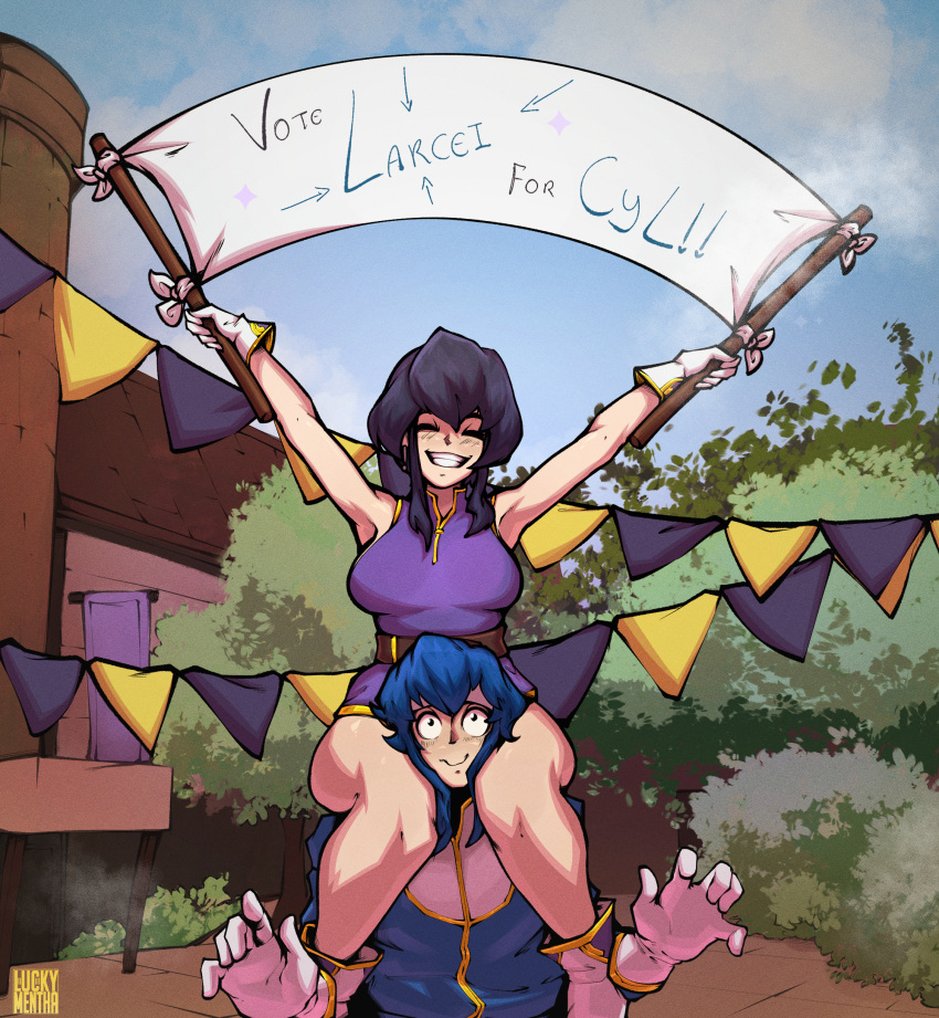 1boy 1girls armpits arms_up banner bare_legs black_hair blue_hair breasts bush carrying closed_eyes commission female fire_emblem fire_emblem:_genealogy_of_the_holy_war fire_emblem_heroes headband highres holding holding_sign larcei_(fire_emblem) legs luckymentha male medium_breasts nintendo on_shoulder outdoors purple_tunic riding seliph_(fire_emblem) shoulder_carry sidelocks sign sitting_on_shoulder smile thighs tree tunic wavy_mouth white_headband