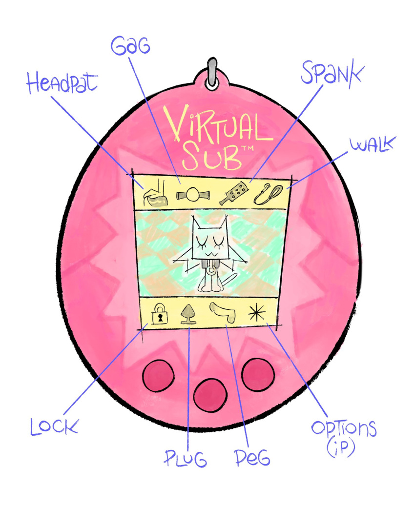 2023 ambiguous_gender averykinkyguy buttplug closed_eyes collar collar_tag english_text felid feline feral genitals hi_res mammal parody penis sex_toy smile solo tamagotchi text uwu what white_back