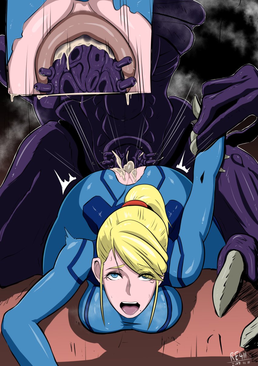 alien anal anal_sex blonde_hair blue_eyes bodysuit clothed_female clothed_female_nude_male cum cum_in_ass cum_inside cum_on_ass ejaculation interspecies light-skinned_female metroid mouth_open nintendo re411 ridley ridley_(metroid) samus_aran suit torn_bodysuit torn_clothes zero_suit zero_suit_samus