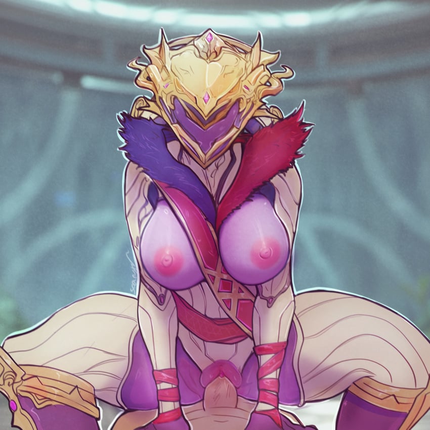 alien_girl big_breasts breasts breasts_out clothed cowgirl_position feathers helmet nipples pink_nipples protea_(warframe) puffy_pussy purple_skin pussy ribbon ribbons riding riding_penis robot robot_girl robot_humanoid searyn spread_legs tits_out viewed_from_below warframe