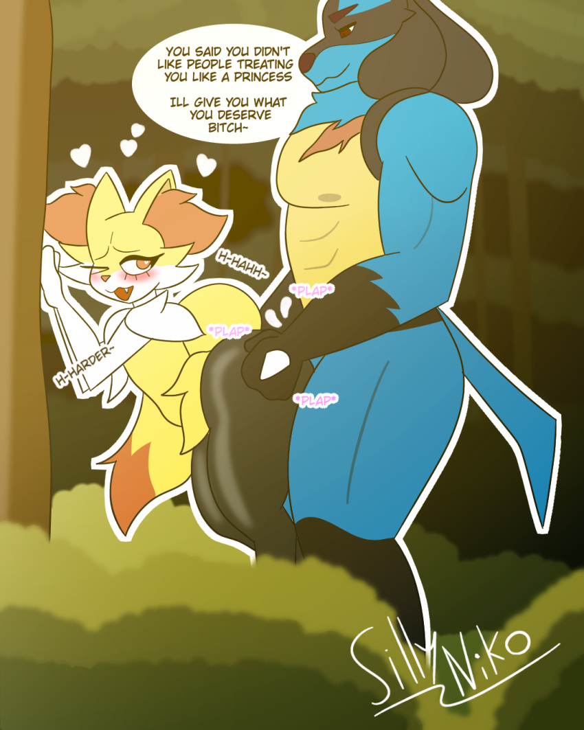 anal anthro blue_body blue_fur braixen braixen_(braixensanders) bulge bulge_size_difference detailed_background dialogue duo forest from_behind_position fur gay generation_4_pokemon generation_6_pokemon girly hi_res holding_partner kiyu_(sillyniko) lucario male male/male moan nagisalucario nintendo noises penetration plant pokemon pokemon_(species) sex shrub sillynikoarts_(artist) size_difference standing standing_doggystyle standing_sex tree yellow_body yellow_fur