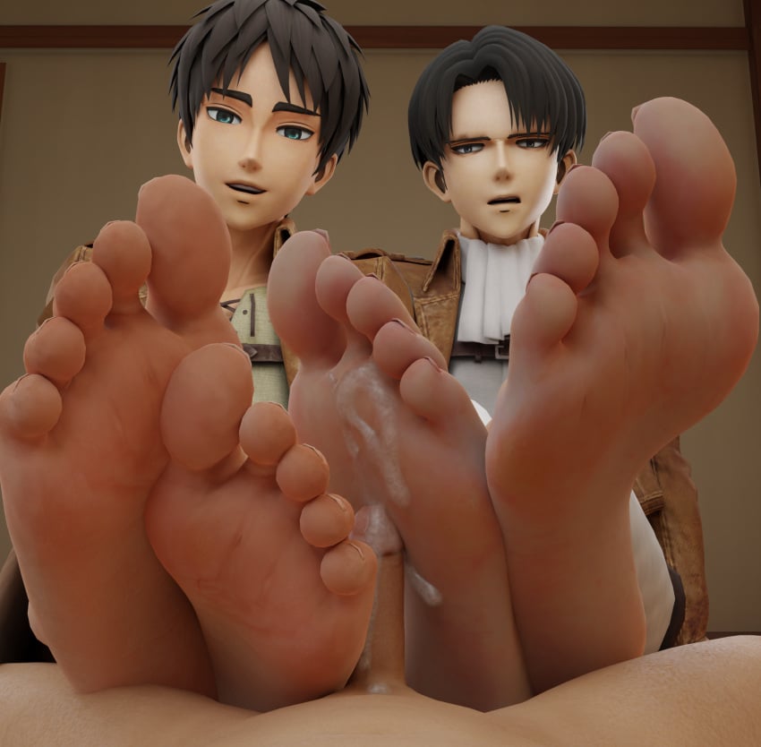 3boys 3d attack_on_titan eren_jaeger foot_fetish footjob giant_male levi_ackerman male_only mrgtsfloop pov_eye_contact shingeki_no_kyojin skinny smiling_at_viewer soles young