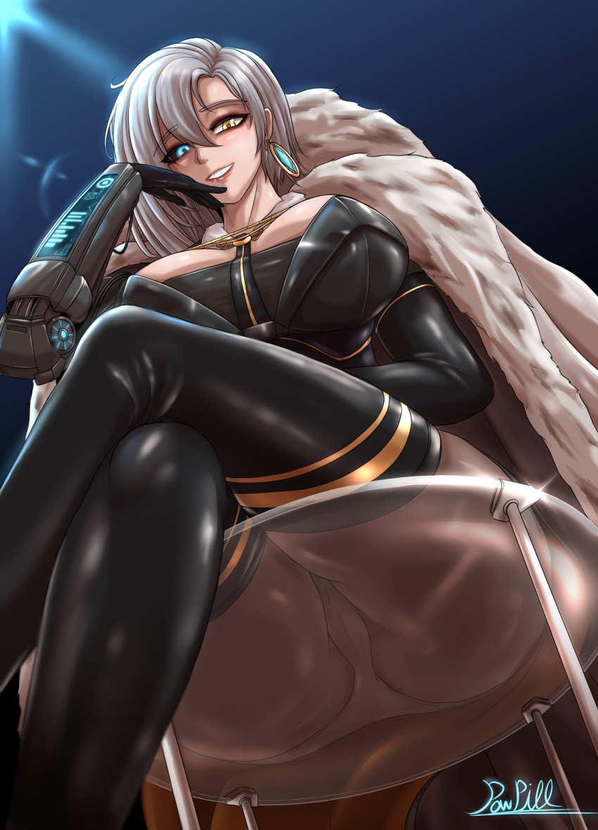 1girls 2023 absurdres artist_name breasts dungeon_and_fighter female female_only glass_chair glasses grey_hair highres large_breasts light-skinned_female light_skin looking_at_viewer mad_rike_(dungeon_and_fighter) panties pantyshot powpill short_hair stockings thick_thighs thighhighs watermark yellow_eyes