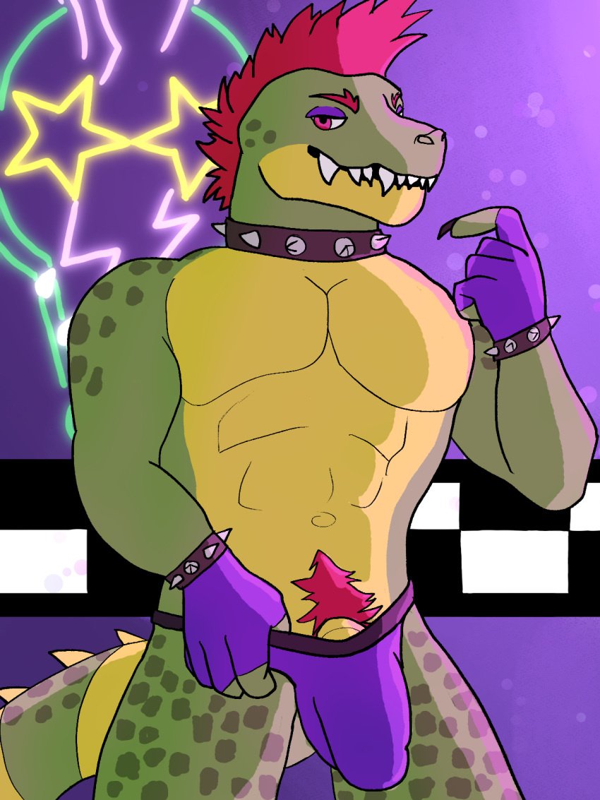 abs alligator alligatorid anthro bracelet bulge clothed clothing crocodilian fingerless_gloves five_nights_at_freddy's five_nights_at_freddy's:_security_breach flaccid fwankie genitals gloves green_body green_scales hair handwear hi_res jewelry jockstrap male male_only montgomery_gator_(fnaf) muscular muscular_anthro partially_clothed penis raised_clothing reptile scales scalie scottgames sharp_teeth solo solo_male steel_wool_studios teeth underwear