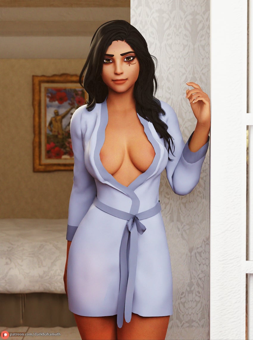 1girls 3d ana_amari bathrobe bed bedroom black_hair blizzard_entertainment cgi cgi_girl clothed clothed_female dark_hair darkbahamuth female interior interior_background interior_scene interior_view long_hair overwatch overwatch_2 painting_(object) pinup robes seducing seductive seductive_look seductive_pose standing tattoo tattoo_on_eye tattooed tattooed_female video_games yellow_eyes young_ana_amari