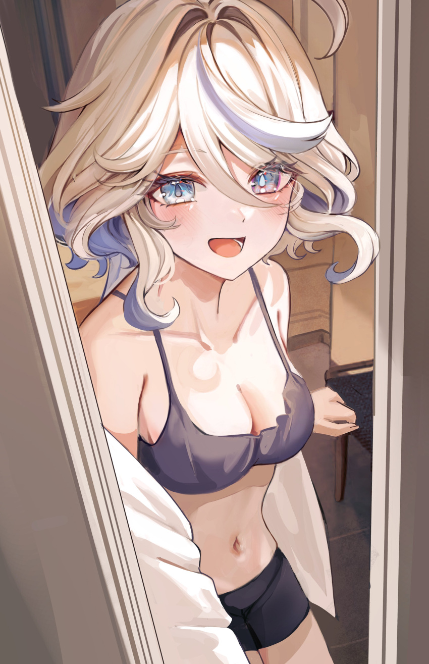 1girls alternate_costume apartment bare_shoulders belly_button bra breasts casual cleavage collarbone comfy dasha doorway eye_contact female furina_(genshin_impact) genshin_impact inviting looking_at_viewer midriff opening_door petite pov_doorway revealing_clothes shorts small_breasts smile solo solo_female wholesome