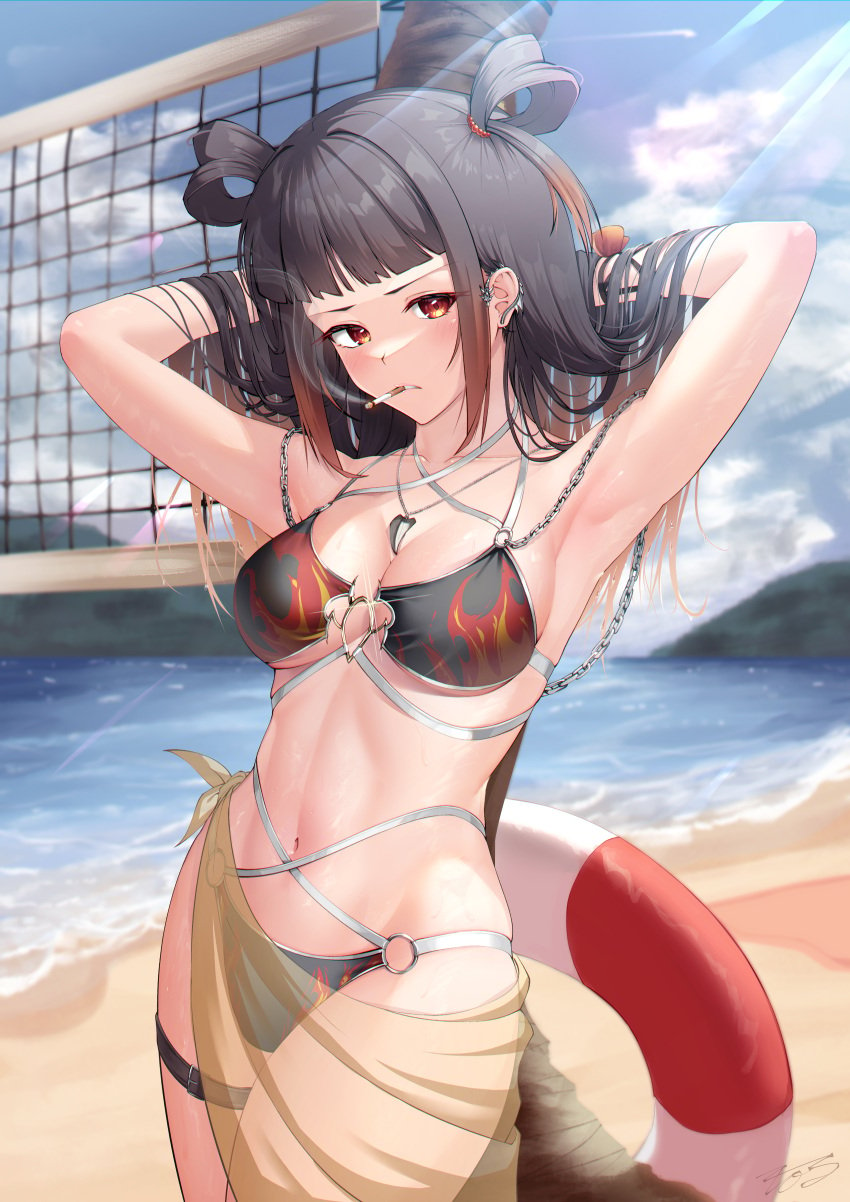 1girls 2_ru beach bikini bikini_bottom bikini_top black_hair breasts human human_only light-skinned_female light_skin long_hair looking_at_viewer magia_record:_mahou_shoujo_madoka_magica_gaiden mahou_shoujo_madoka_magica ooba_juri orange_hair outdoors outside puella_magi_madoka_magica red_eyes red_hair solo solo_female solo_focus white_skin young