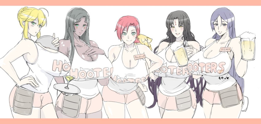 5girls alcohol artoria_pendragon_(fate) artoria_pendragon_(lancer)_(fate) beer beer_mug black_hair blonde_hair boudica_(fate) braid breasts cleavage cup dark-skinned_female dark_skin fate/extra fate/extra_ccc fate/grand_order fate_(series) french_braid green_eyes heart hooters huge_breasts large_breasts martini minamoto_no_raikou_(fate) mug multiple_girls name_tag open_mouth purple_eyes purple_hair red_hair romo_(samesameyeah) samesameyeah scheherazade_(fate) sessyoin_kiara short_shorts shorts smile tank_top yellow_eyes