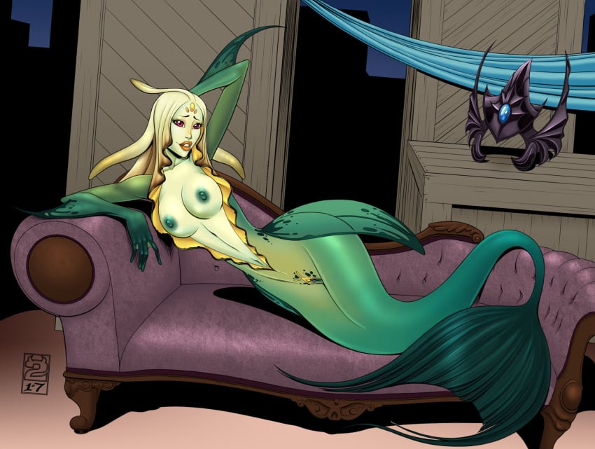 1girls 2017 arm_behind_head box boxes breasts chaise_lounge commission couch crate crates crown curtain cute deuce draw_me_like_one_of_your_french_girls female female_only fins full-length_portrait green_tail grin grinning happy headgear headpiece humanoid innocent jpeg league_of_legends marai mermaid monster monster_girl naked nami_(league_of_legends) nipples nude parody pussy red_eyes relaxed relaxing resting smile smiling smirk smirking solo tail titanic_(1997_film) undressed vagina webbed_fingers