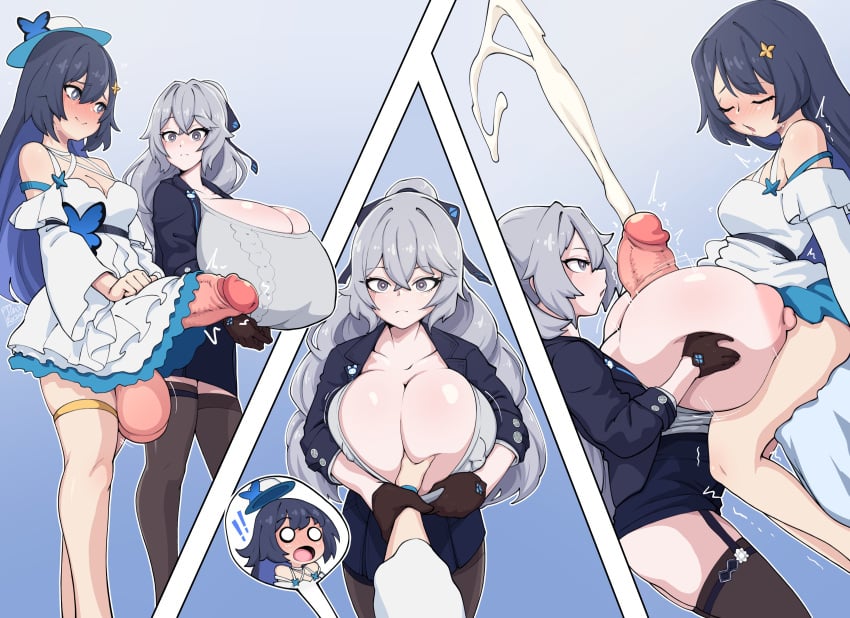 1futa 1girls balls big_balls big_penis blue_eyes blue_hair blush bottomless breasts bronya_zaychik cleavage closed_eyes clothed clothing cum cumshot dmxwoops dress duo ejaculation erection expressionless female futa_on_female futanari grey_eyes grey_hair hand_on_breast hat honkai_(series) honkai_impact_3rd huge_breasts huge_cock human light-skinned_futanari light_skin long_hair mostly_clothed orgasm paizuri penis seele_vollerei standing stockings