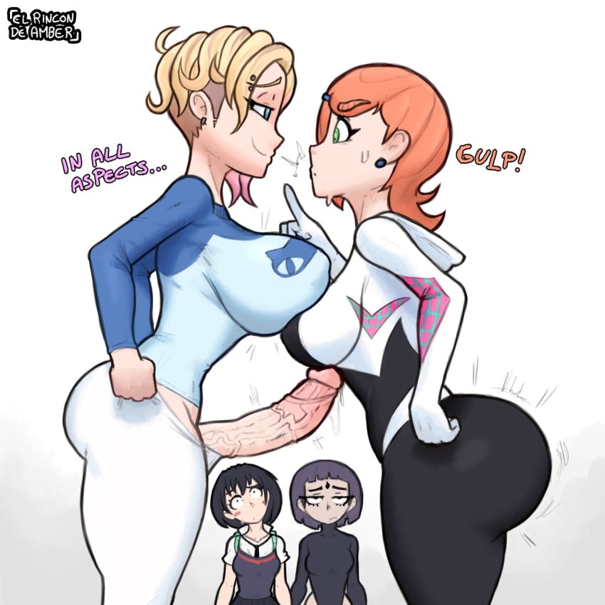 1futa 3girls ass ass_size_difference ass_vs_breasts balls ben_10 big_ass big_breasts blonde_hair bottom_heavy breast_size_difference breasts clothed clothing clothing_swap cosplay crossover dc docking el_rincon_de_amber erection female fully_clothed futanari gwen_stacy gwen_tennyson huge_cock human light-skinned_female light-skinned_futanari light_skin marvel mostly_clothed orange_hair outfit_swap peni_parker penis penis_awe raven_(dc) short_hair spider-gwen_(cosplay) spider-man:_into_the_spider-verse spider-man_(series) standing sudden_plot_development surprised teen_titans text thick_thighs top_heavy uncensored wide_hips