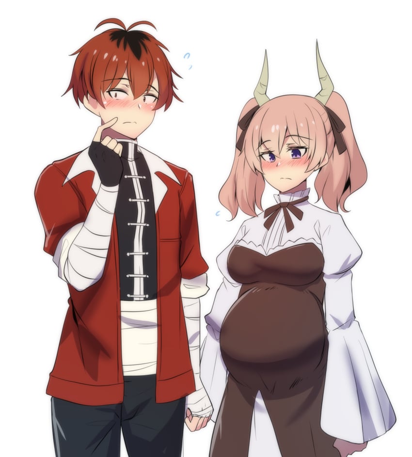 1boy 1girls blush clothed demon demon_girl demon_horns dress embarrassed hair_ribbon highres hinghoi holding_hands horns light-skinned_female light-skinned_male linie_(sousou_no_frieren) medium_breasts pink_hair pregnancy pregnant pregnant_belly pregnant_female princesshinghoi purple_eyes red_hair short_hair sousou_no_frieren stark_(sousou_no_frieren) twintails white_background worried worried_expression