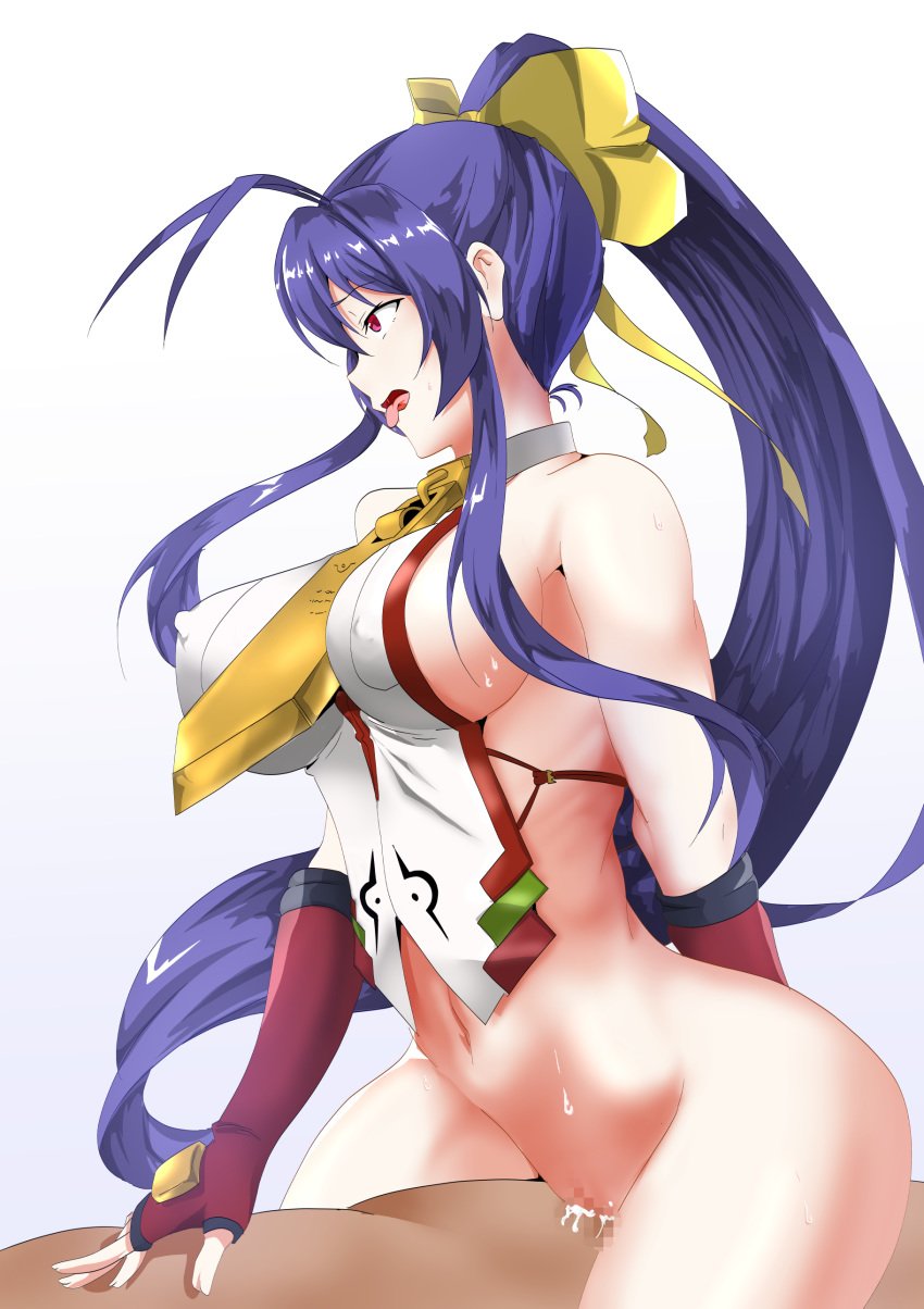 1boy ahe_gao antenna_hair backless_outfit bangs bare_shoulders blazblue blazblue:_central_fiction blazblue_variable_heart blue_hair bottomless canon_genderswap censored female fingerless_gloves genderswap_(mtf) gloves hair_between_eyes hairbow highres long_hair mai_natsume no_bra pink_eyes ponytail red_gloves ribbon rule_63 sideboob sidelocks taro_sasagae tongue vaginal_penetration very_long_hair yellow_bow