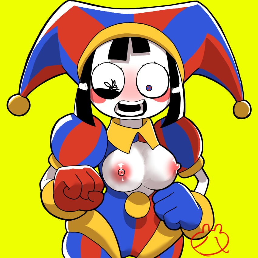 2d 2d_(artwork) 2d_artwork breasts clown clown_girl digital_drawing_(artwork) digital_media_(artwork) nipples nukumori_kumahachi open_mouth pomni pomni_(the_amazing_digital_circus) scared shocked shocked_eyes tagme the_amazing_digital_circus yellow_background