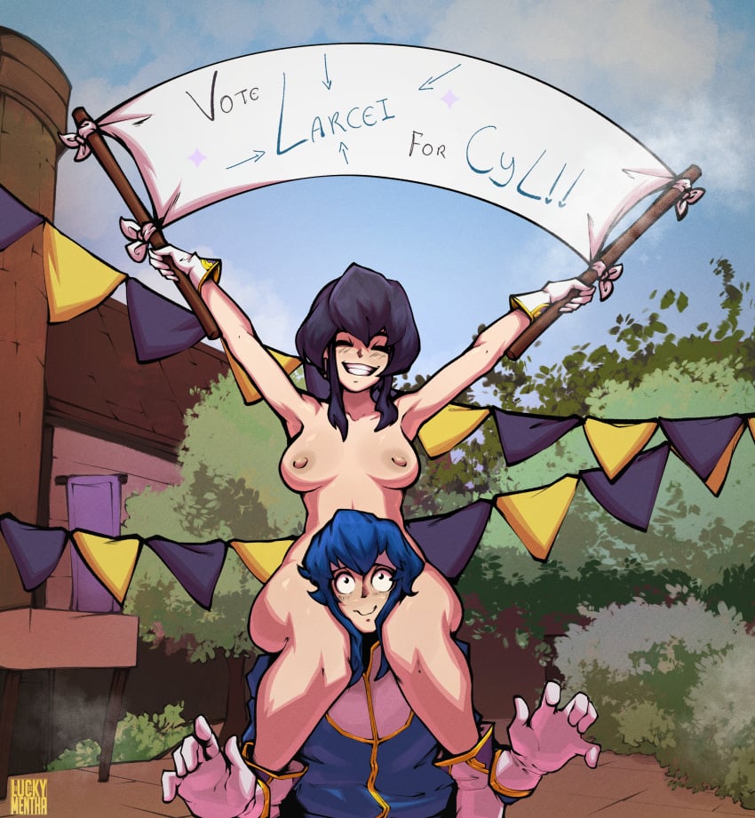 1boy 1girls armpits arms_up banner bare_legs black_hair blue_hair breasts bush carrying closed_eyes commission completely_nude female fire_emblem fire_emblem:_genealogy_of_the_holy_war fire_emblem_heroes headband highres holding holding_sign larcei_(fire_emblem) legs luckymentha male medium_breasts nintendo nipples nude nude_female on_shoulder outdoors riding seliph_(fire_emblem) shoulder_carry sidelocks sign sitting_on_shoulder smile thighs tree wavy_mouth white_headband