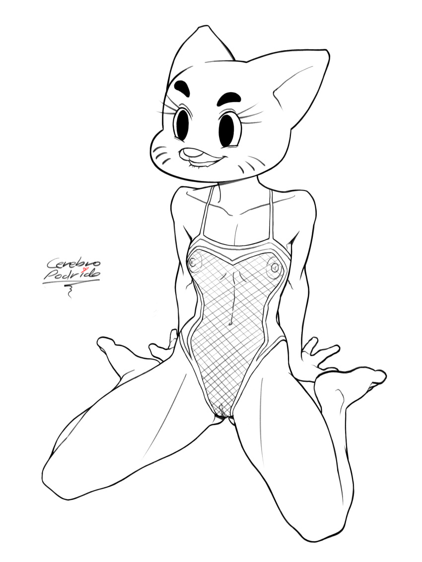 2017 absurd_res anthro biting_lip breasts cartoon_network cerebropodrido clothing digital_media_(artwork) eyelashes feline feline female hi_res mammal mature_female monochrome navel nicole_watterson nipples pose pussy simple_background sitting small_breasts smile solo spread_legs spreading swimsuit the_amazing_world_of_gumball translucent whiskers white_background