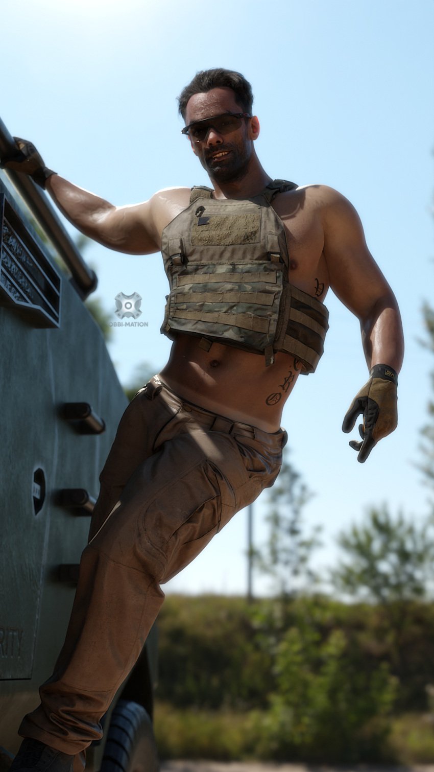 1boy 3d 3d_model activision alejandro_vargas alejandro_vargas_(cod) bara barazoku beard call_of_duty call_of_duty_modern_warfare_2_(2022) clothing facial_hair gay hairy looking_at_viewer male male_focus male_nipples male_only manly modern_warfare muscular_male nipples obbi_mation solo solo_male yaoi