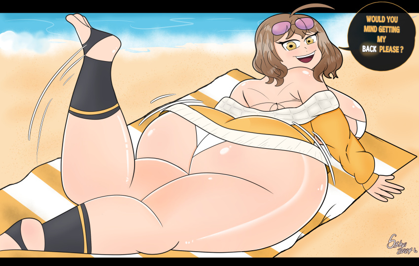 anis_(nikke) anis_(sparkling_summer)_(nikke) ass_focus beach bikini bikini_top goddess_of_victory:_nikke laying_on_stomach legs_up looking_back nervous nervous_smile poll_winner sand ssleviathann towel