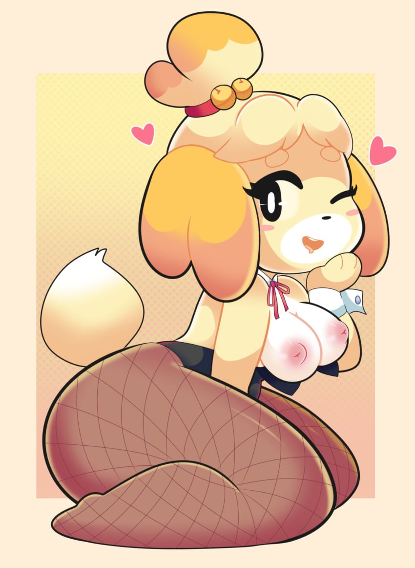 1girls 2024 animal_crossing anthro bell bell_collar blush breasts canine domestic_dog female female_only fishnets heart huge_thighs isabelle_(animal_crossing) nipples onigiri_punch pink_nipples ponytail simple_background solo solo_female sweater tail thick_thighs topless yellow_background yellow_fur yellow_hair