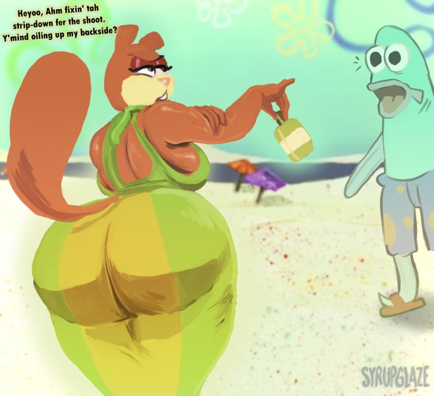 1boy 1girls anthro ass ass_in_dress beach big_ass bottle bottom_heavy breasts bubble_butt clothing dat_ass dialogue dress dumptruck_ass fat_ass female female_focus fish huge_ass large_ass male sandy_cheeks spongebob_squarepants squirrel sunscreen syrupglazed text thick_ass thick_thighs wide_hips