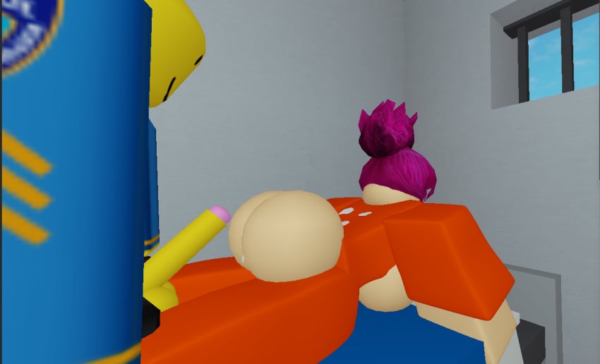 1boy 1girls 3d ass big_ass big_breasts breasts cum cum_inside cum_on_back doggy_style female maledom orange_jumpsuit penis pink_hair prison prison_cell prison_guard prison_uniform prisoner roblox robloxian self_upload straight tagme vagabondxd