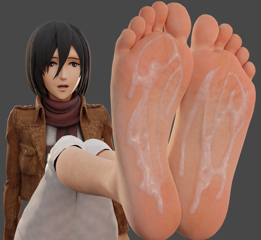 3d attack_on_titan big_feet cum_on_feet cum_on_soles feet female foot_fetish foot_focus fully_clothed mikasa_ackerman mrgtsfloop no_penetration shingeki_no_kyojin soles solo solo_female